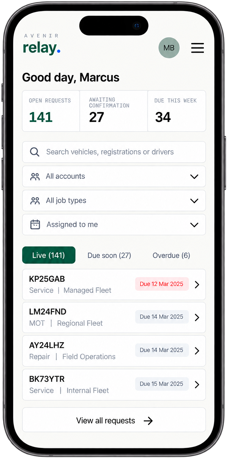 Relay mobile app dashboard showing open requests, confirmations awaiting action and the live requests list